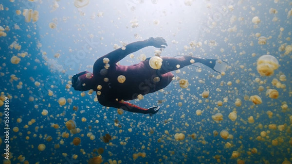 Obraz Freediver swims underwater in the lake full of jellyfish. West Papua, Misool, Indonesia