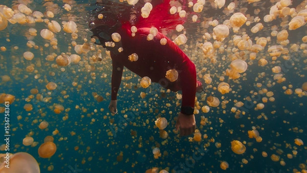 Obraz Freediver swims underwater in the lake full of jellyfish. West Papua, Misool, Indonesia