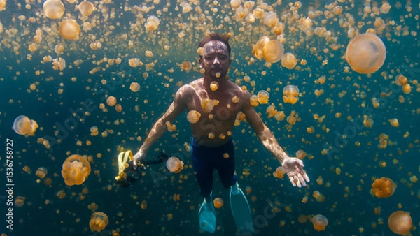 Obraz Relaxed male freediver swims underwater in the lake full of jellyfish without mask and gear. West Papua, Misool, Indonesia