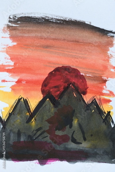 Fototapeta Abstract Watercolor with Jagged Shapes and Red Circle