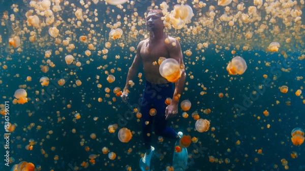 Obraz Relaxed male freediver swims underwater in the lake full of jellyfish without mask and gear. West Papua, Misool, Indonesia