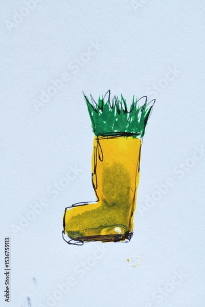 Fototapeta Abstract Yellow L-Shaped Drawing with Green Spikes