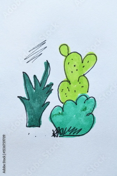 Fototapeta Abstract Green Shapes Drawing on White Paper