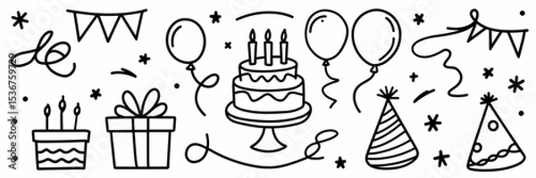 Obraz Black and white birthday doodle icons in grid – Suitable for coloring pages, printable decorations, or party stationery