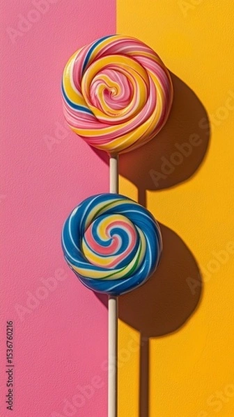 Fototapeta Two vibrant colorful lollipops on a light wooden stick against a pink and yellow background