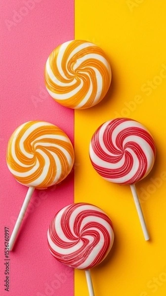 Fototapeta Colorful swirl lollipops on a pink and yellow background