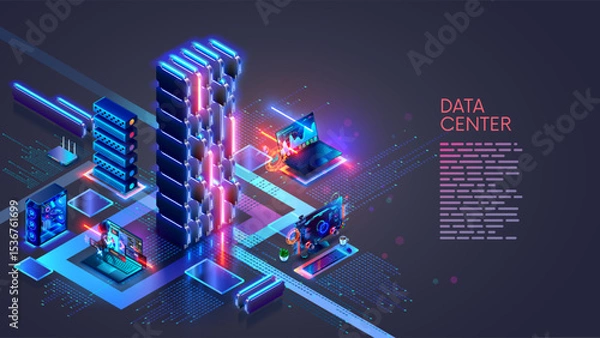 Fototapeta A data center with AI servers. Users computers are connected via the Internet to a data center with Artificial Intelligence servers and cloud data storage. Computer network and AI technology concept.
