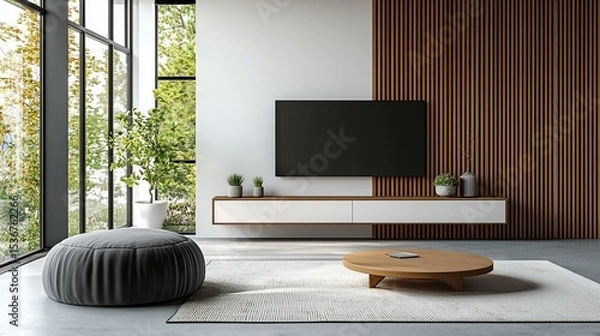 Fototapeta Modern living room with floating TV, wood panel, and large window