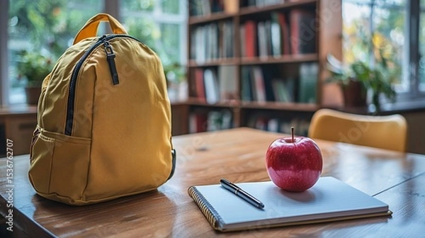 Fototapeta A yellow backpack, red apple, notebook, and pen sit on a wooden table near bookshelves
