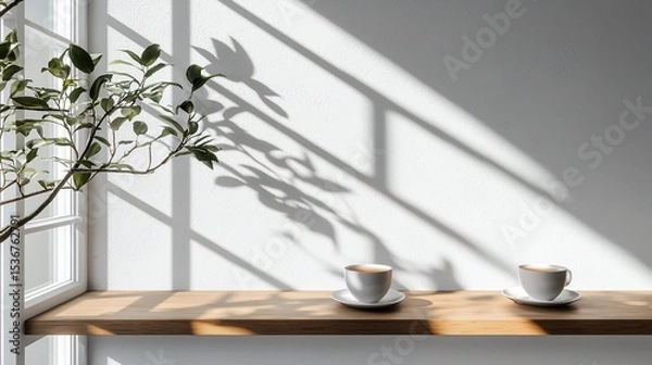 Fototapeta Morning light shines on two coffees by a window with green plants, shadows