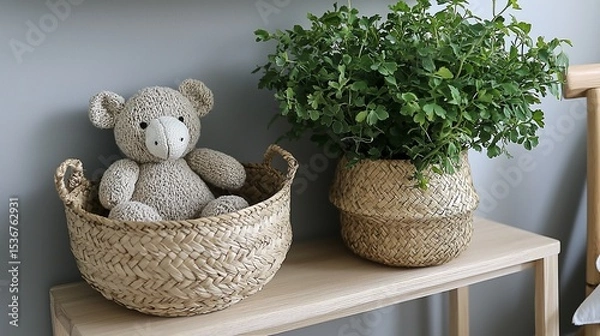 Fototapeta Teddy bear in basket next to potted plant on wooden shelf against a grey wall