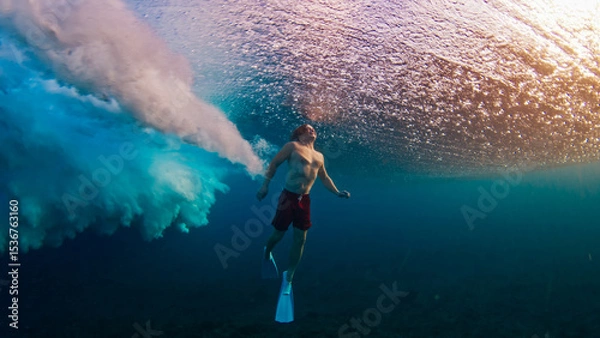Obraz Man dives and swims underwater under the breaking wave