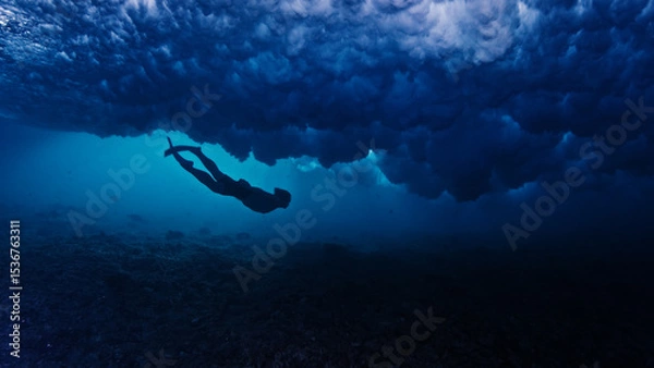Obraz Man dives and swims underwater under the breaking wave