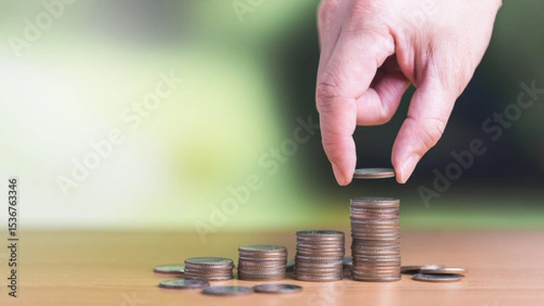 Obraz Man hand holding coin and put on the stacked coin on the table in concept of account for money saving, financial planning and retirement plan.