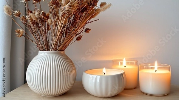 Fototapeta Candles & vase create cozy, warm, lit ambiance. Dried flowers add rustic charm