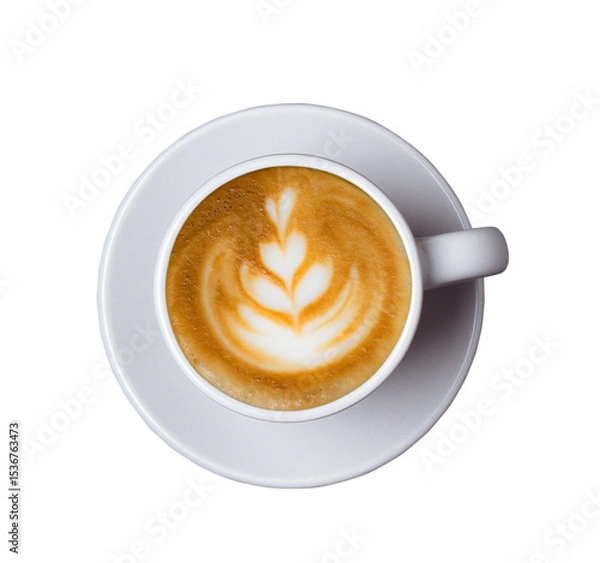 Obraz Top view of hot cafe latte coffee in white cup and saucer plate with beautiful latter art isolated cutout in transparent background.
