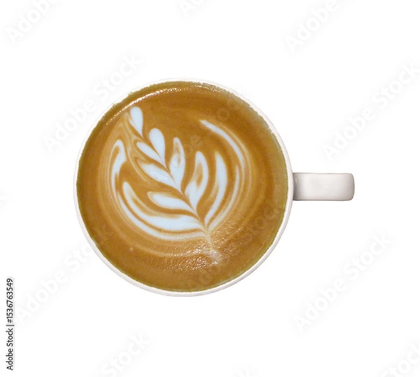 Obraz Top view of hot cafe latte coffee in white cup with beautiful latter art isolated cutout in transparent background.