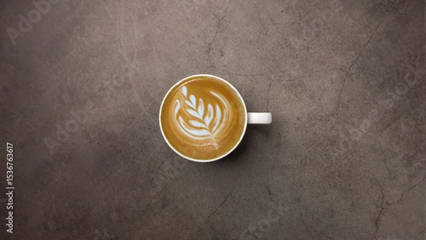 Obraz Top view of hot cafe latte coffee in white cup with beautiful latter art on grunge look cement table.