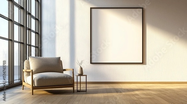 Fototapeta Modern room with armchair, blank frame, side table, and large window. Sunlight creates shadows