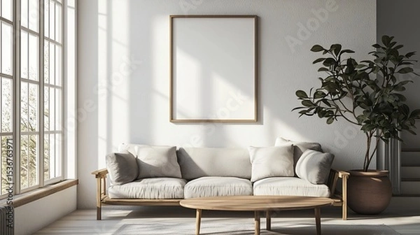Fototapeta Bright, airy living room with a couch, plants, and a window with a blank frame