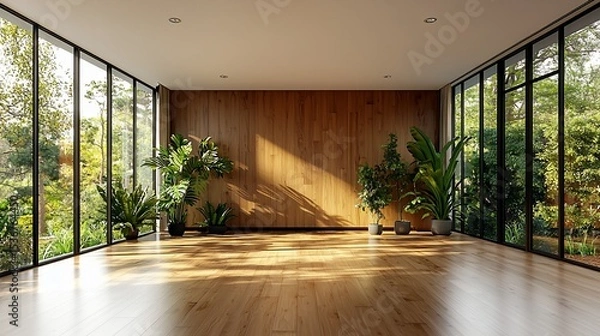Fototapeta Spacious room with wooden panel wall, surrounded by windows, lush greenery outside