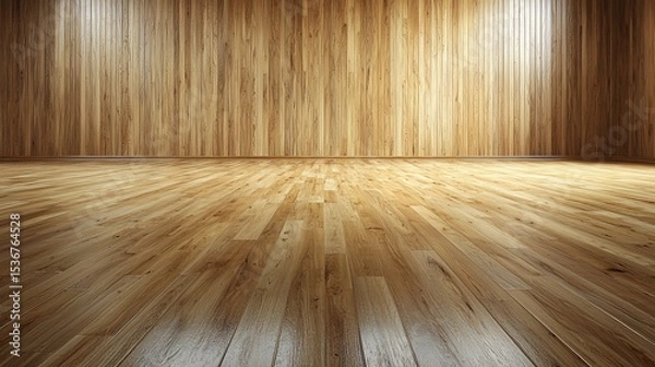 Fototapeta Empty room with wood walls and flooring, softly lit, perfect space