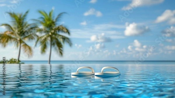 Fototapeta Flip-flops float in a tranquil pool, palm trees and ocean backdrop