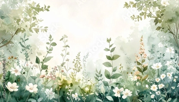 Fototapeta Colorful soft focus watercolor view of a field of flowers bursting with life and vibrancy