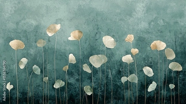 Fototapeta Abstract floral artwork with elegant, gold-toned blooms against a teal textured background