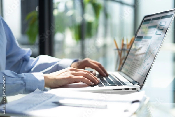 Fototapeta womans hands analyzing financial data on laptop screen in hybrid office setting for digital entrepreneurship