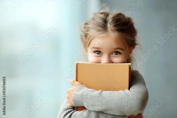 Fototapeta Little girl hugging a book on a light background