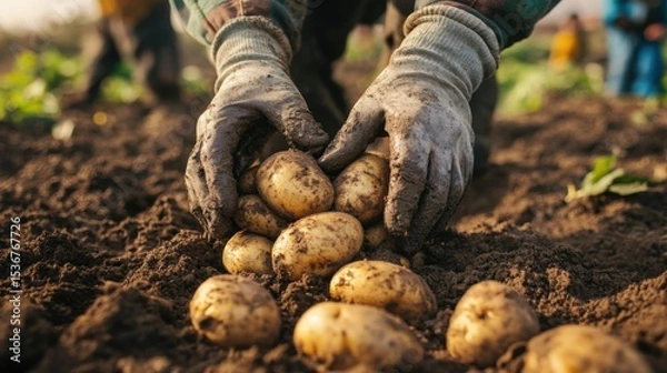 Fototapeta The hands of a farm worker, digging potatoes from the soil. The focus is on the dirty hands and the fresh potatoes. Blurred figures in the background, no faces visible. 