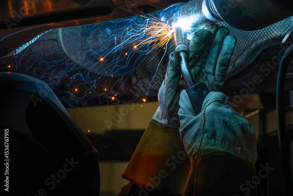 Fototapeta Schweißer bei der Arbeit am Auspuff