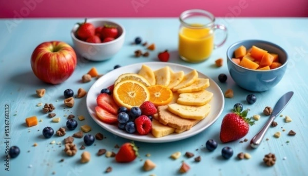 Fototapeta Delicious Assortment of Fresh Fruits on a Blue Table with a Glass of Juice and Colorful Bowls