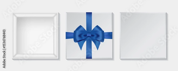 Fototapeta 3D White Gift Box Mockup with Blue Ribbon – Top View of Open and Closed Present Package | Vector Illustration