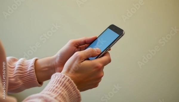 Fototapeta Close-Up of Hands Holding a Smartphone Interacting with the Screen in a Casual Environment