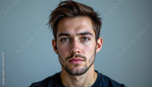 Fototapeta Close Up Portrait of a Young Man with Intense Expression and Intriguing Eyes in a Studio Setting