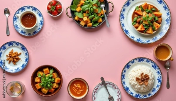 Fototapeta Colorful Table Arrangement of Diverse Dishes Including Vegetables and Rice on Pink Surface