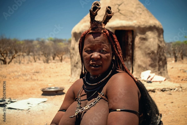 Fototapeta Authentic image of a Himba woman in Namibia, featuring traditional ochre body paint and handmade accessories. A real-life insight into Africa’s rich tribal culture and feminine strength.