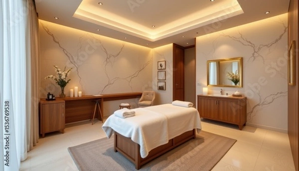 Fototapeta Calming Spa Interior with Massage Table, Soft Lighting and Elegant Wooden Accents