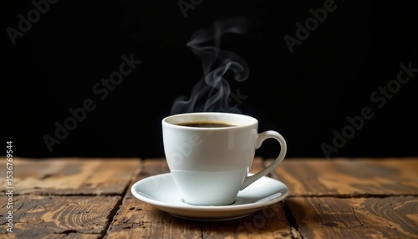 Fototapeta Cup of Freshly Brewed Coffee with Steam Rising on a Rustic Wooden Table