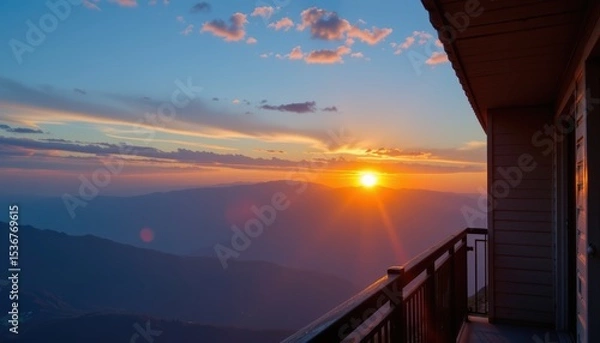 Fototapeta Vibrant Sunset Over Majestic Mountains from a Balcony with Clear Skyline and Clouds