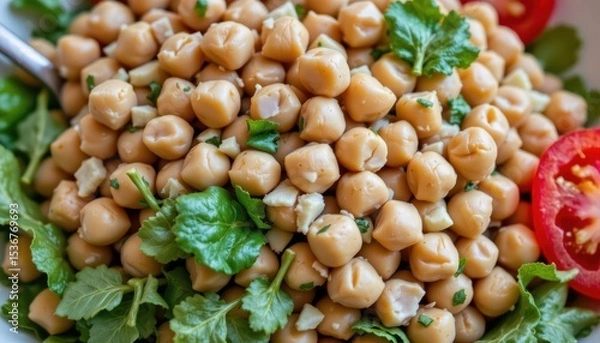 Fototapeta Close-Up of Fresh Chickpea Salad with Herbs and Tomatoes in a Decorative Bowl