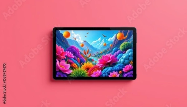 Fototapeta Vibrant Digital Artwork of Colorful Flowers and Majestic Mountains on Pink Background
