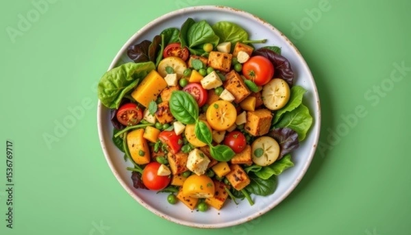 Fototapeta Colorful Salad with Fresh Vegetables and Ingredients on a White Plate Against a Green Background