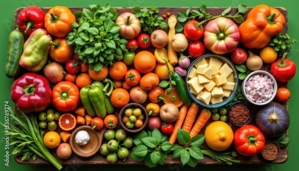 Fototapeta Colorful Arrangement of Fresh Vegetables and Fruits Displayed on a Wooden Table Top