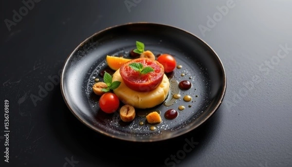 Fototapeta Artfully Plated Savory Cheesecake with Tomato Garnish and Fresh Herbs on a Black Plate