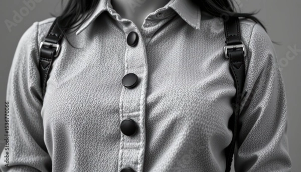 Fototapeta Close-Up View of a Woman's Stylish Outfit Featuring a Buttoned Silver Shirt with Unique Texture