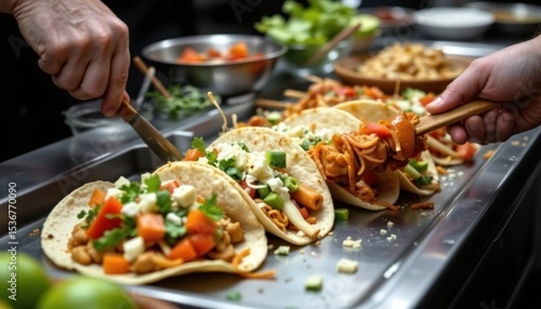 Fototapeta Hands Preparing Colorful Tacos with Fresh Ingredients in a Vibrant Kitchen Setting