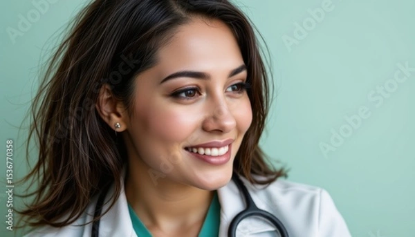 Fototapeta Portrait of a Smiling Female Doctor in Professional Attire with Stethoscope Against a Green Background